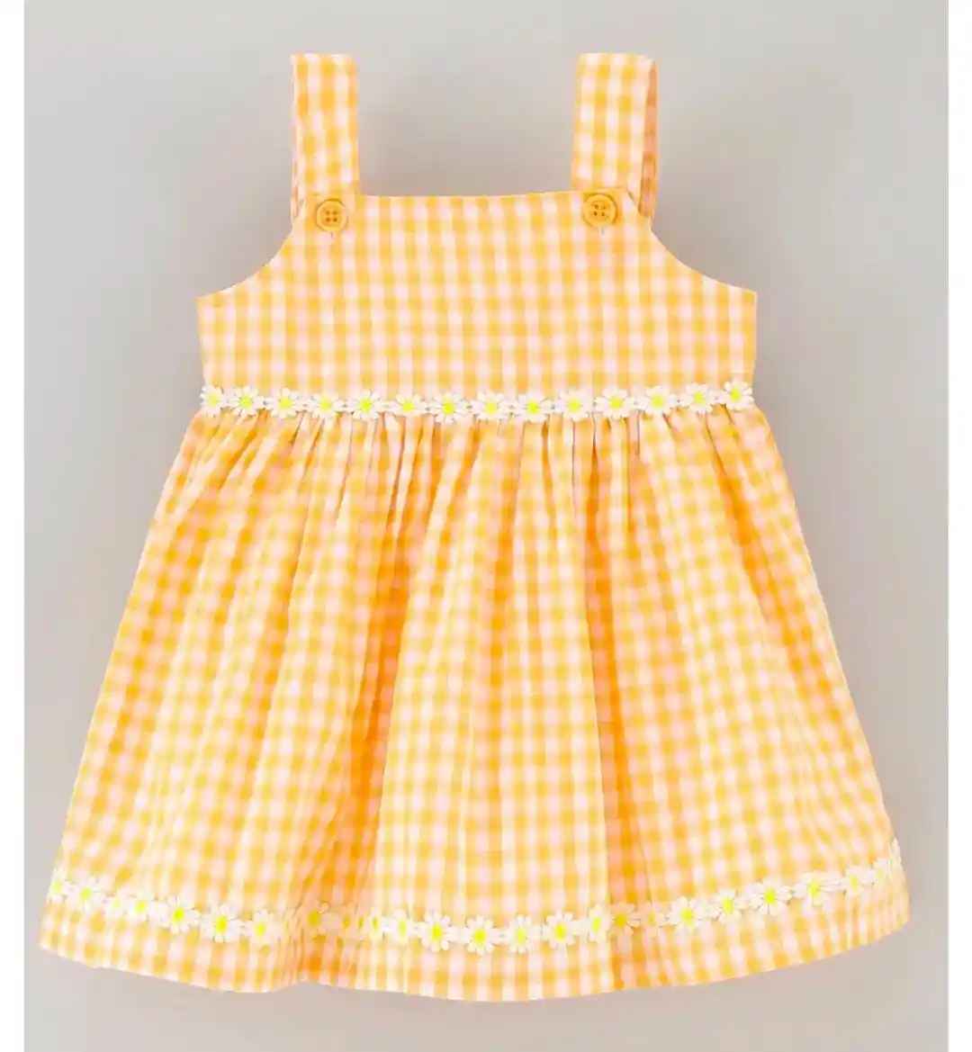 Checks Frock With Flower Applique - Yellow