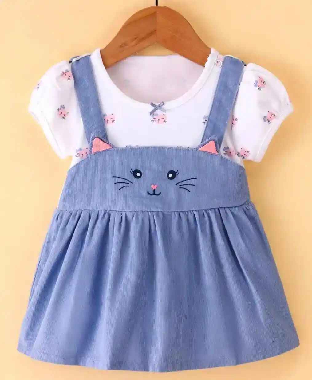 Cotton Knit Half Sleeves Frock with Kitty Print - Blue & White