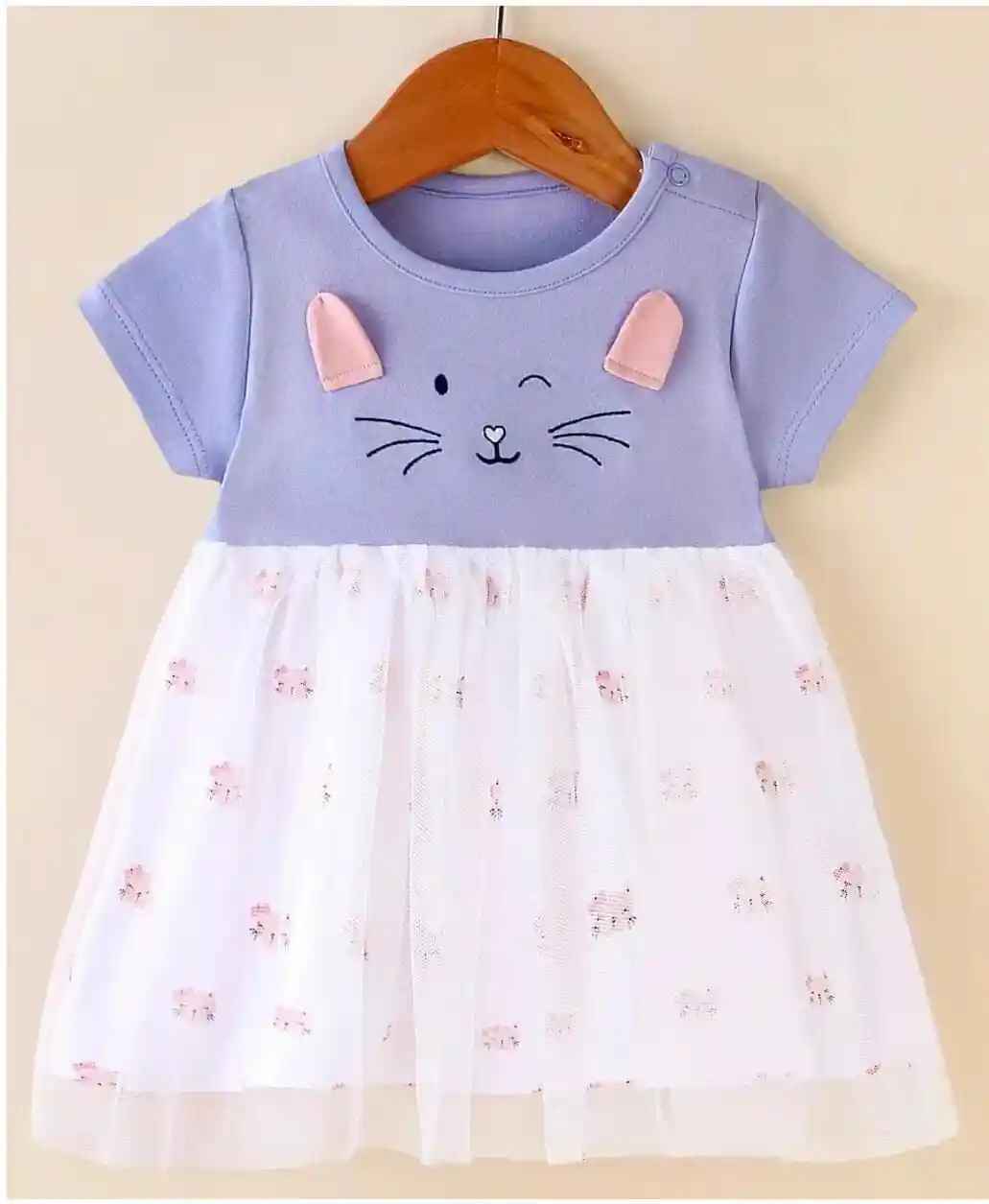 Cotton Knit Half Sleeves Frock with Kitty Print