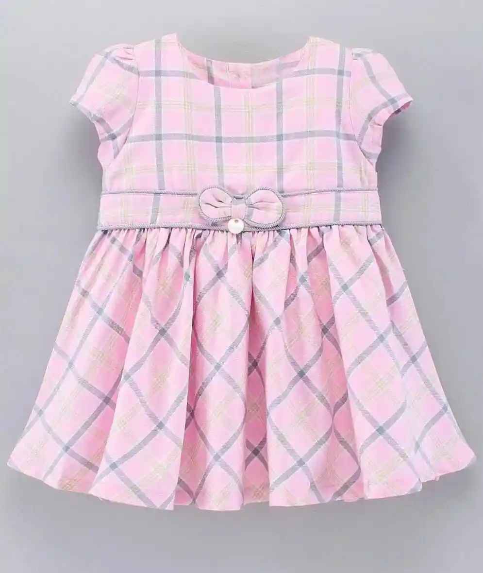 Short Sleeves Checks Frock - Pink