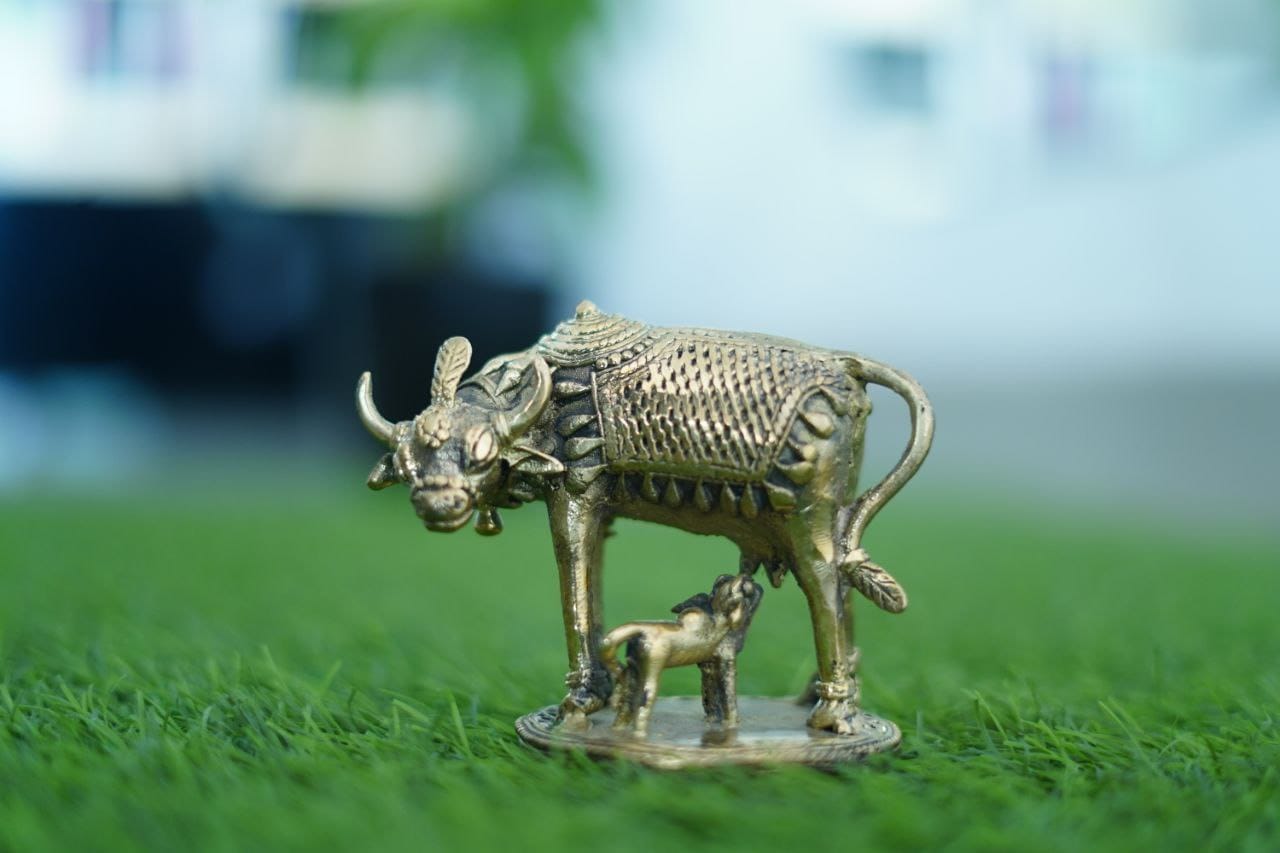 Brass Cow With Baby Statue