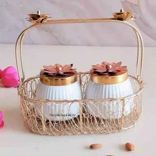 The Krafts Hub Decorative Metal Dry Fruit Jars With Hamper Basket